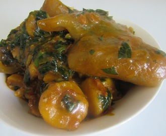 Nigerian plantain porridge with ugu vegetable (Fluted pumpkin)