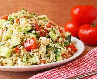 Tomato Basil Cucumber Salad With Feta Cheese and Brown Rice