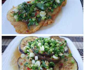 Crispy catfish and eggplants with scallion fish sauce