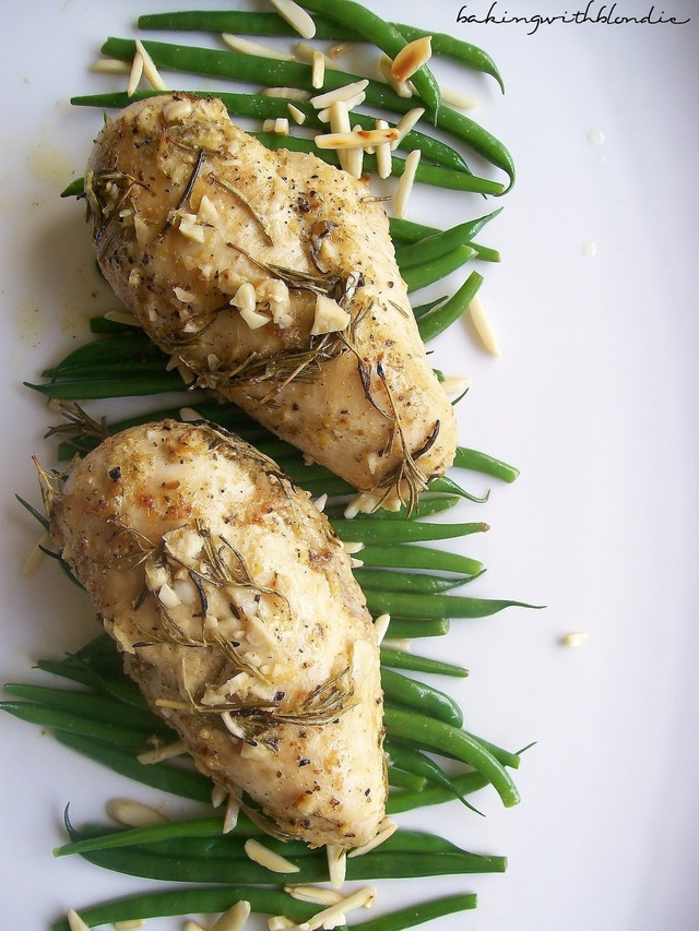 Garlic Roast Chicken with Rosemary and Lemon + Green Beans with Toasted Almonds
