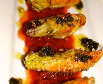 Cheese ~ Stuffed Fried Zucchini Blossoms with Fresh Tomato Sauce & Basil Pesto