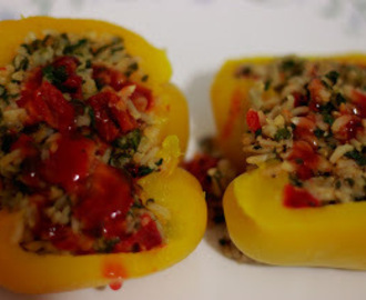 Bell Peppers stuffed with Rice, Spinach and Tomatoes