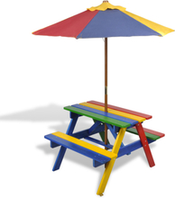 vidaXL bord- og bænkesæt til børn med parasol træ flerfarvet